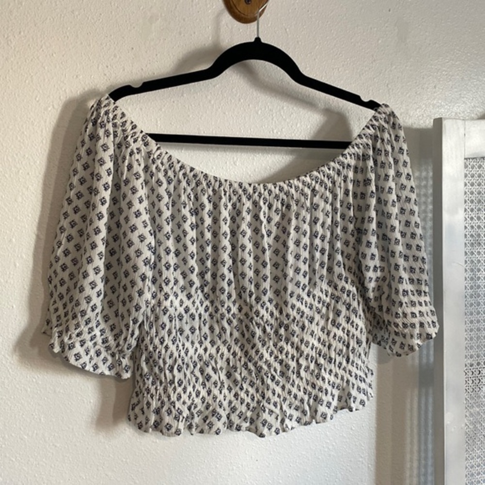 Wrangler retro white floral smocked off shoulder elastic crop top